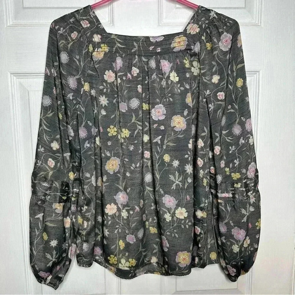 LC Lauren Conrad Blouse Greyish  Black Floral Square Neck Flowy Size Small - Picture 13 of 16